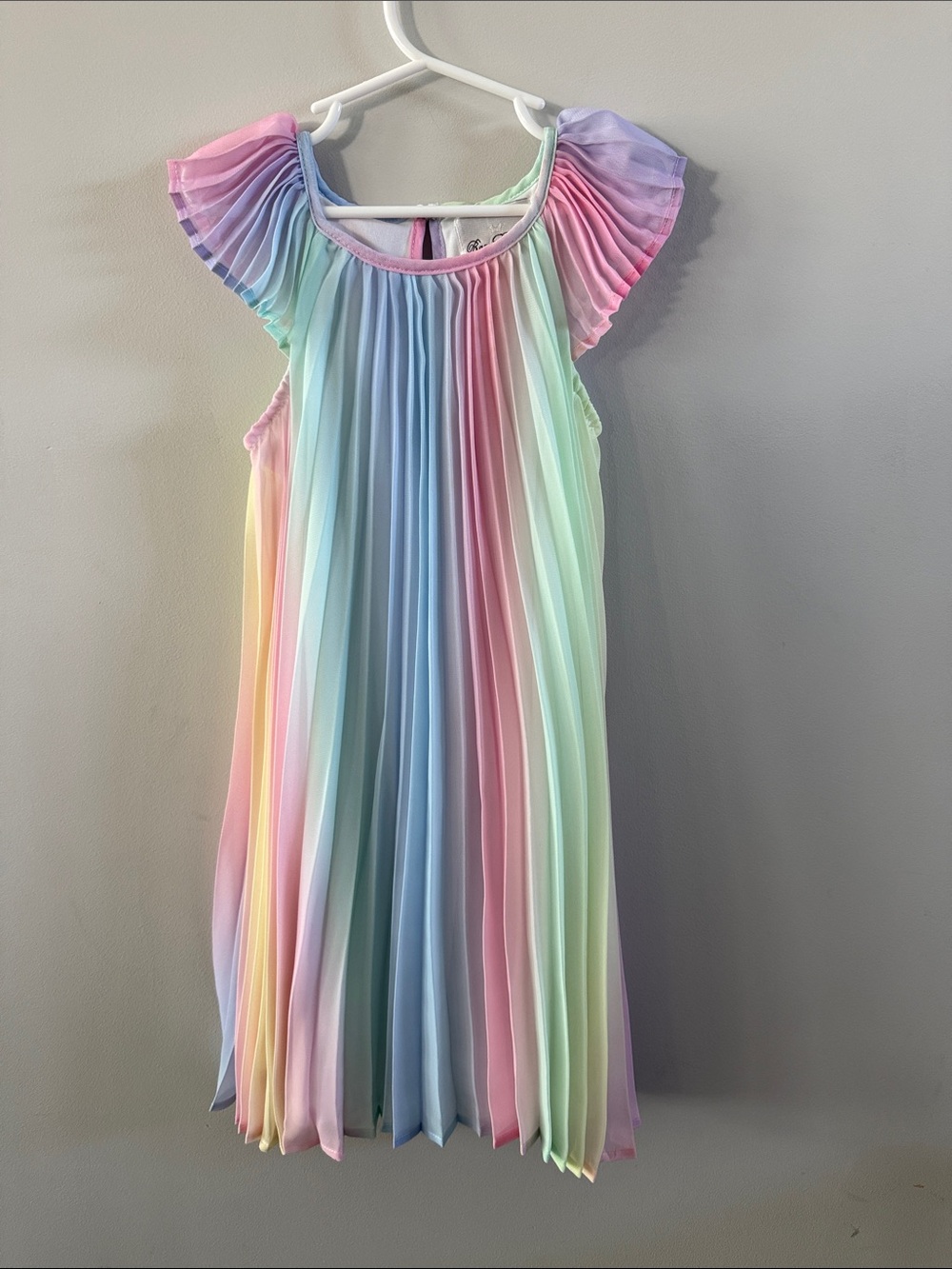 Rare Editions Pastel Rainbow Pleated Dress in Pink, Blue, Green